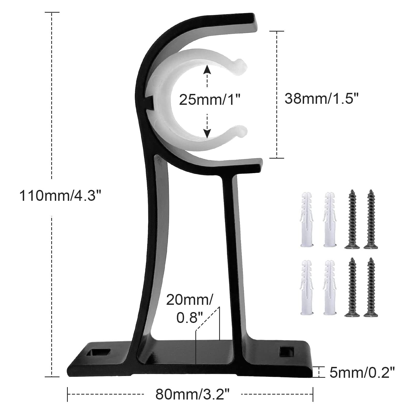 SEGNAYEN Wsporniki karnisza, 2,5 cm, czarny, wytrzymały wspornik karnisza, metalowe, pojedyncze uchwyty do karnisza, uchwyt na karnisz, wspornik szyny do draperii 25–30 mm, 2 szt