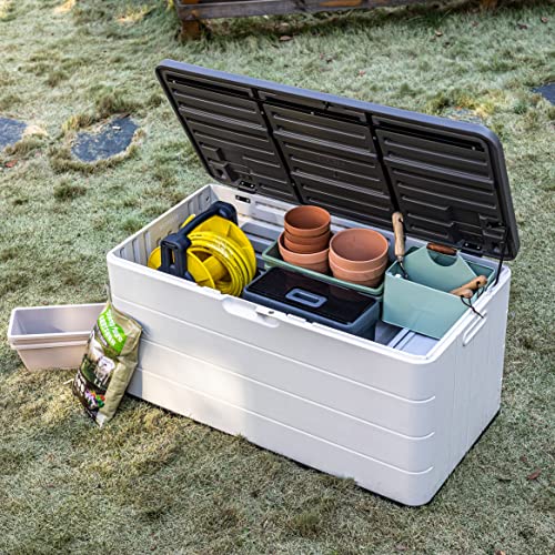Mrosaa 85 Gallon Outdoor Deck Box, Outside Storage Box Waterproof For Cushion Storage, Garden Tools,Pool Accessories, Lockable Outdoor Storage Bin, Light Beige #TOP1