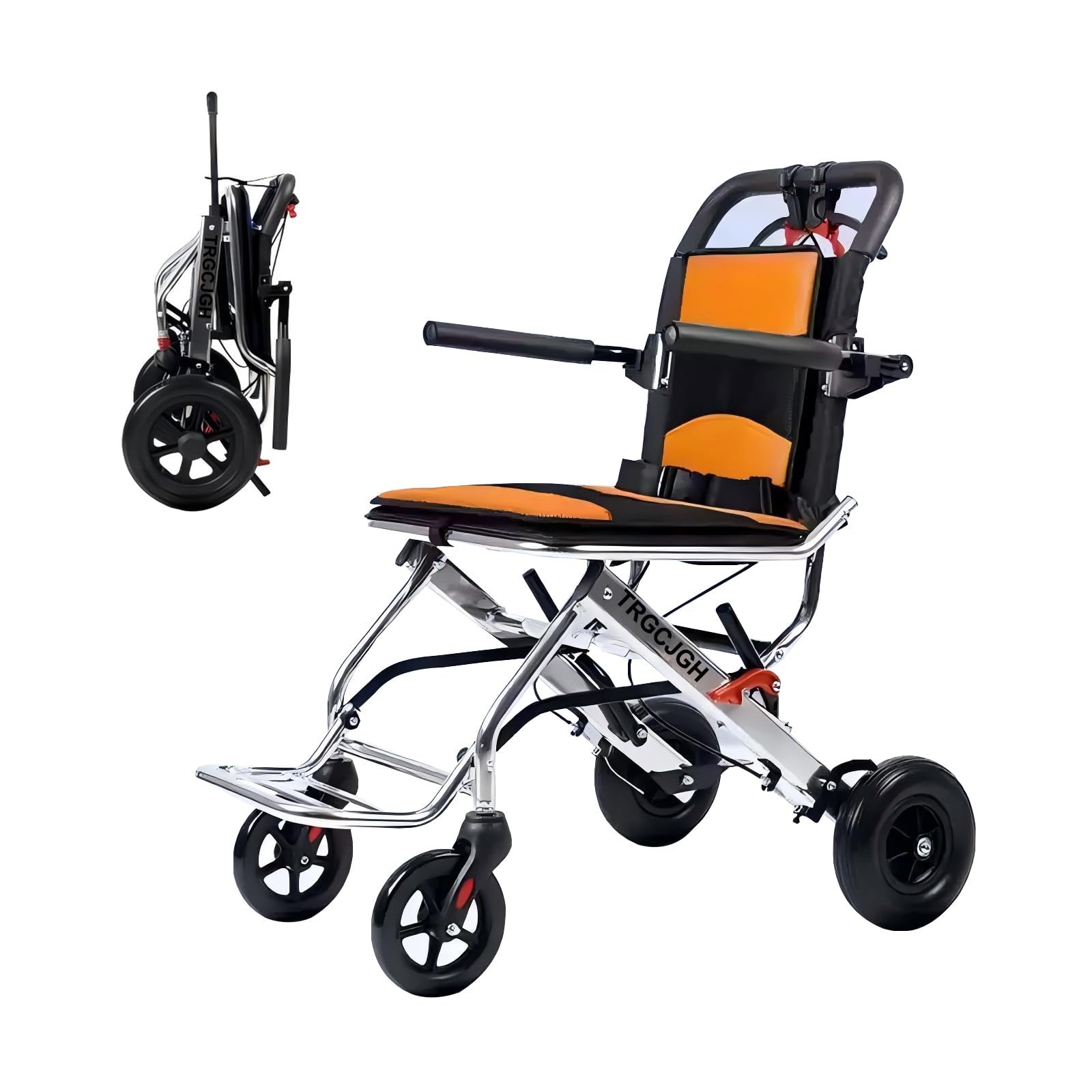 Silla de viaje plegable portátil ligero, Carrido de silla de ruedas de transporte, Reposabrazos abatibles, para traslado, viajes (16.1" Seat Width,Orange)