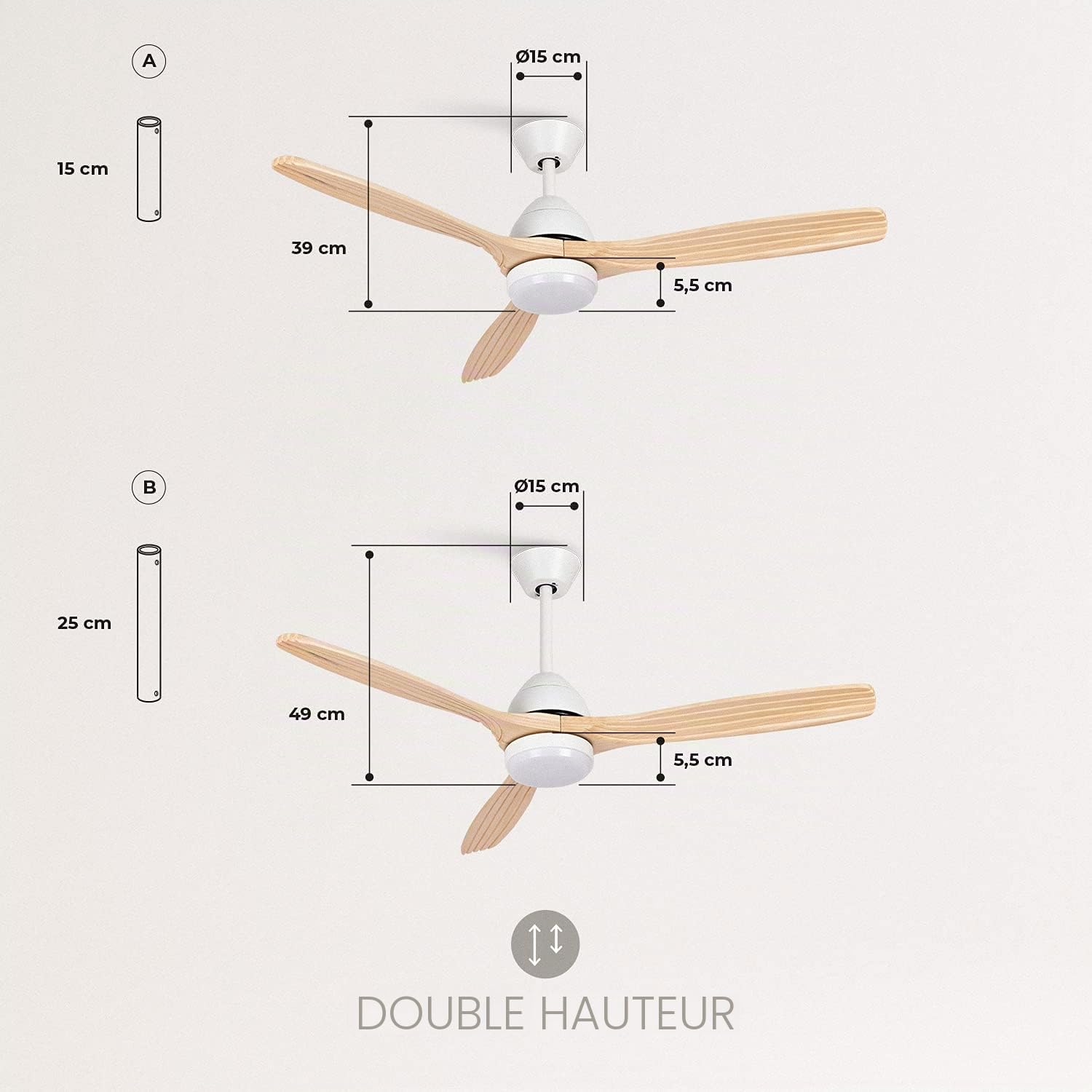 CREATE / WINDCUP/Ventilateur de plafond avec lumière et télécommande, blanc lames bois naturel / 40W, Silencieux, Ø132 cm, 6 vitesses, minuterie, été-hiver, double hauteur, moteur DC