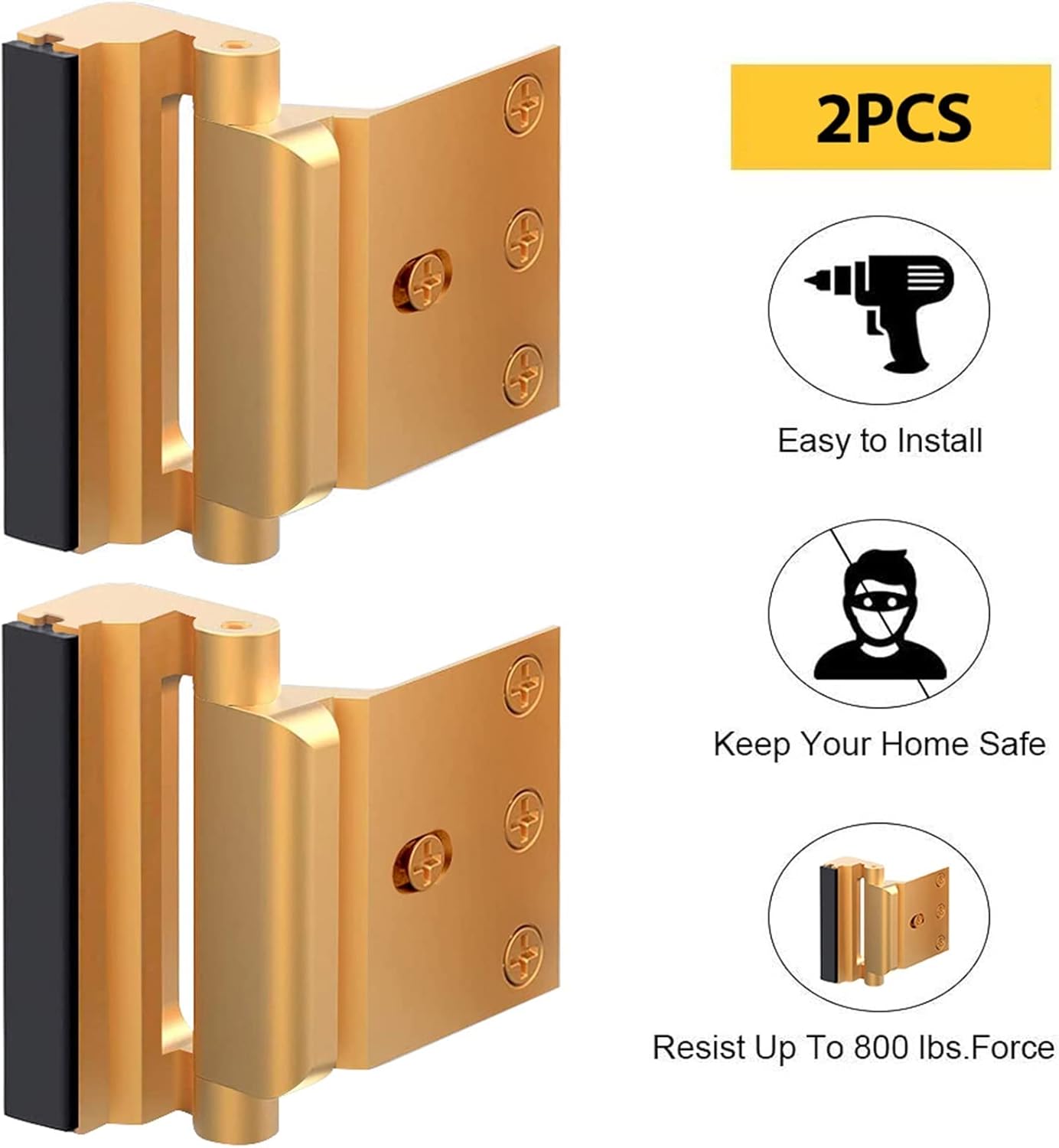 Home Security Door Lock Door Reinforcement Lock Stop Withstand 800 Lbs Upgrade Lock Defender Hardware(2pcs Black)