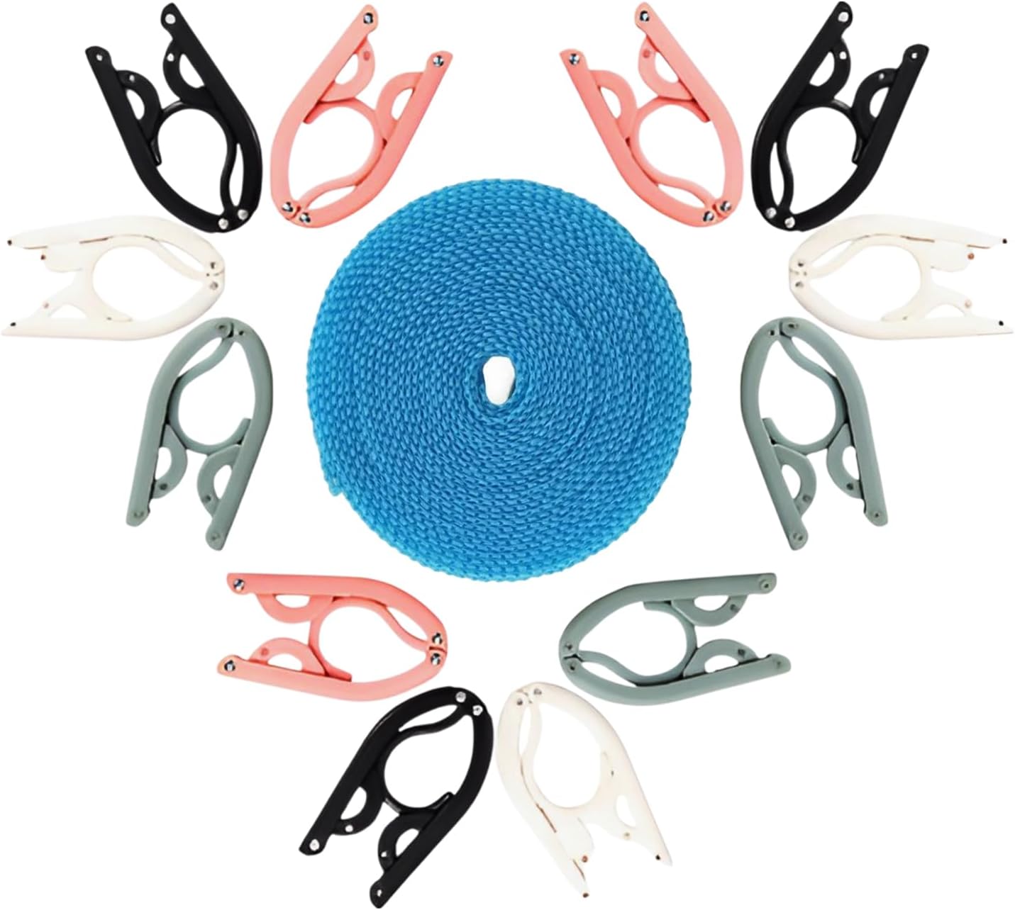 12 Foldable Travel Hangers with Clips, Folding Collapsible Clothes Hangers with Portable Clothesline, Cruise Camping Travel Essentials and Accessories - Black White Multicolor - 13 Piece Set