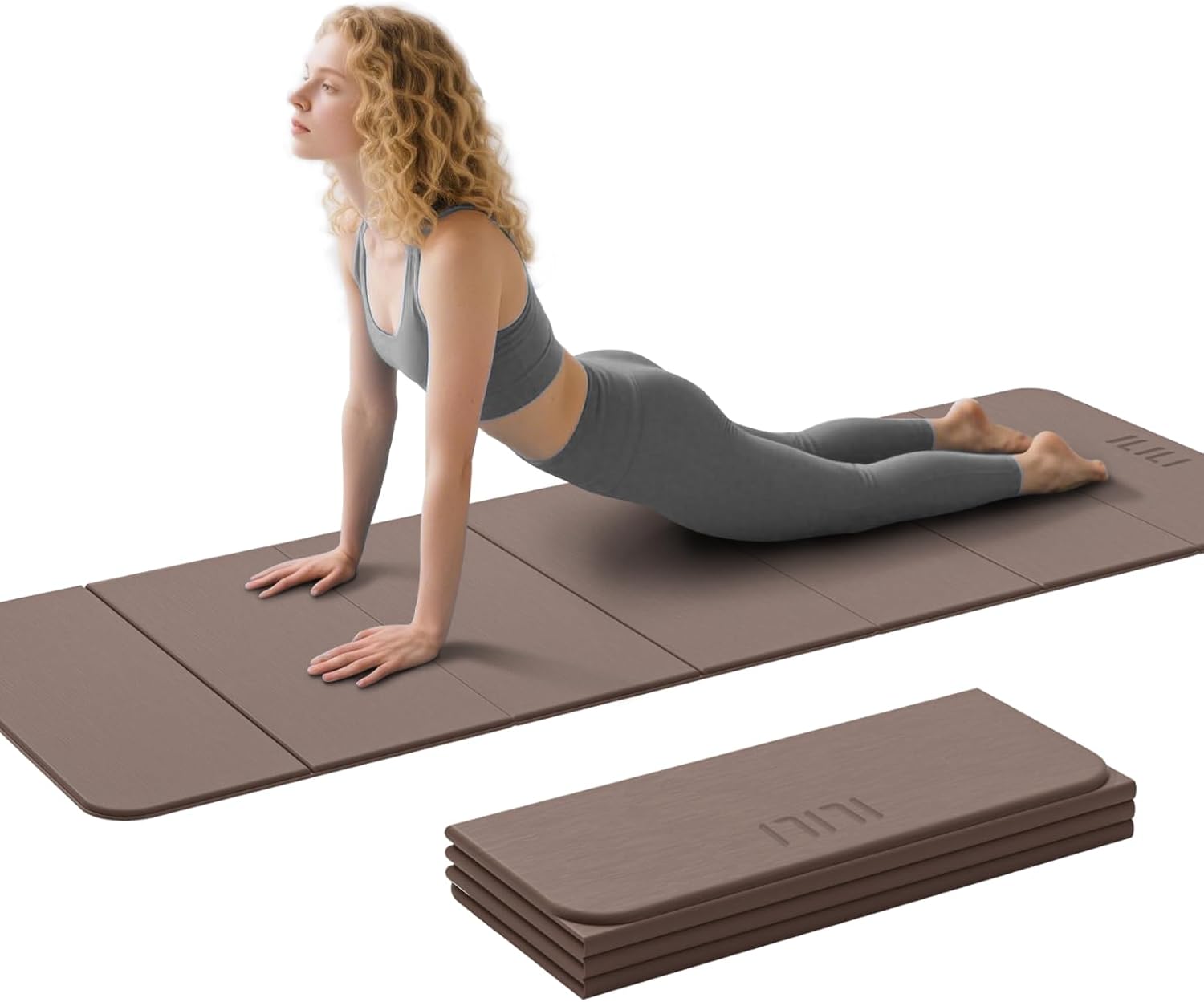 ILILI Foldable Yoga Mat 71"x24"x0.3" - TPE Non-Slip Exercise Mat for Home Gym, Waterproof Lightweight Fitness Mat for Pilates, Stretching & Daily Fitness Workouts (Brown)