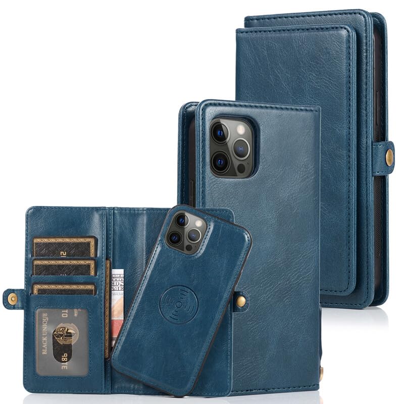 Étui iPhone 16 bleu avec portefeuille magnétique amovible à rabat
