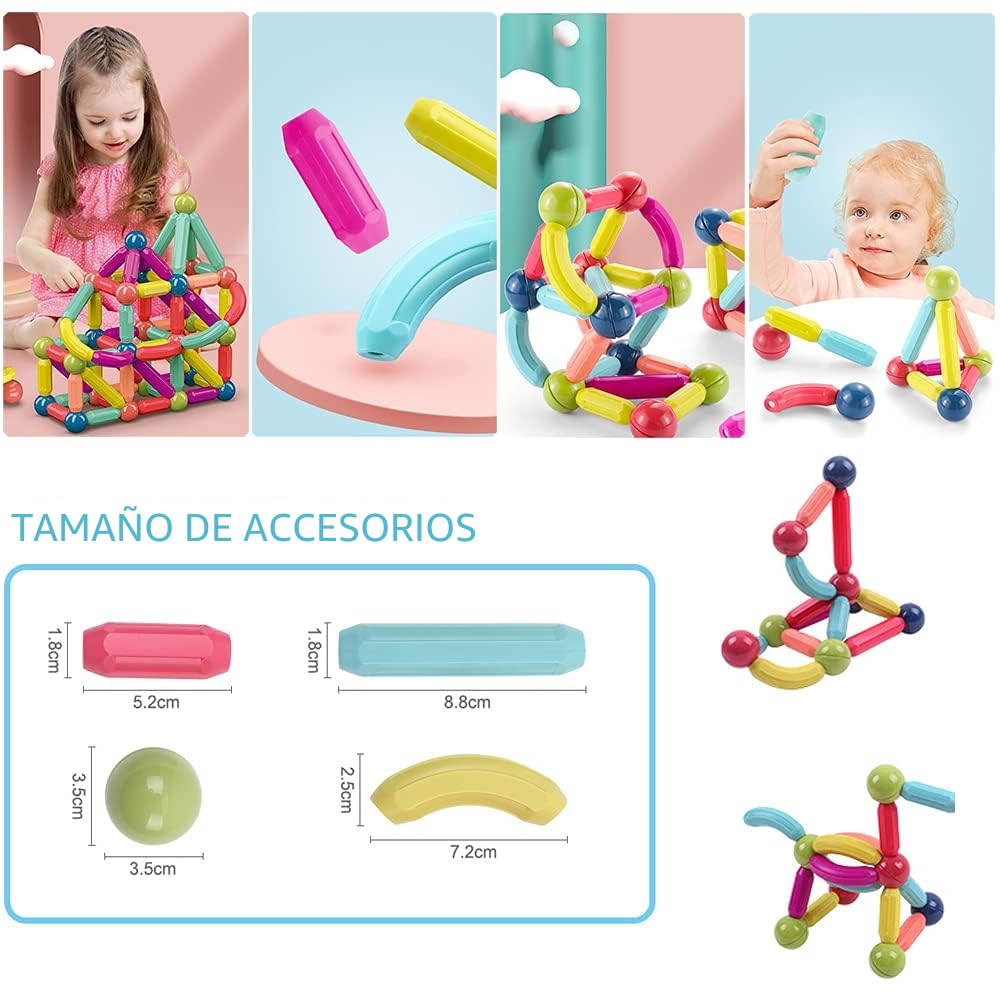 ROUSKY 88 Bolas magnéticas, Juego de Palos de construcción magnéticos, Azulejos de Bloques de construcción, Juguetes apilables Stem para niños a Partir de 3 años (88 Piezas)
