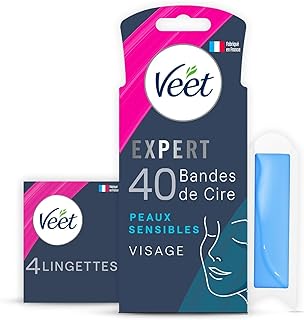 Veet EXPERT - 40 Bandes de Cire Froide Visage - Peaux Sensibles - Finition Parfaite - Epilation Longue Durée