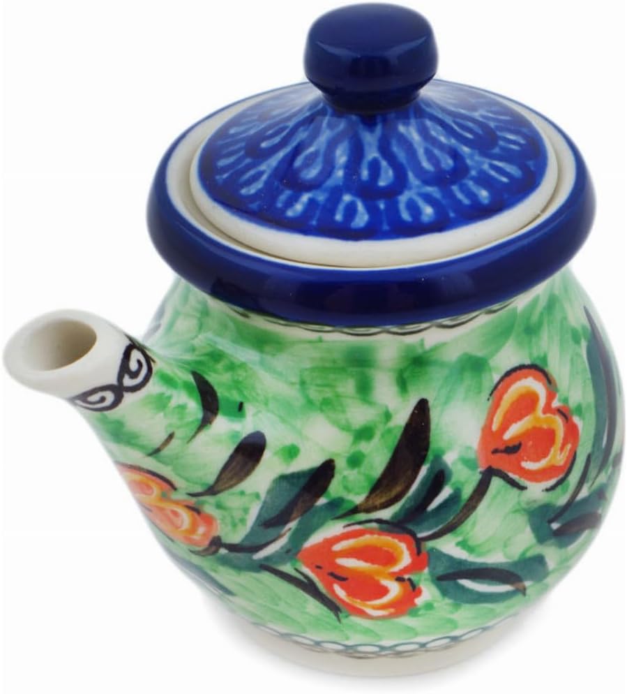 Polmedia Polish Pottery Creamer with Lid UNIKAT - Tulip Wreath Pattern Handmade in Boleslawiec Poland by Ceramika Artystyczna + Certificate of Authenticity