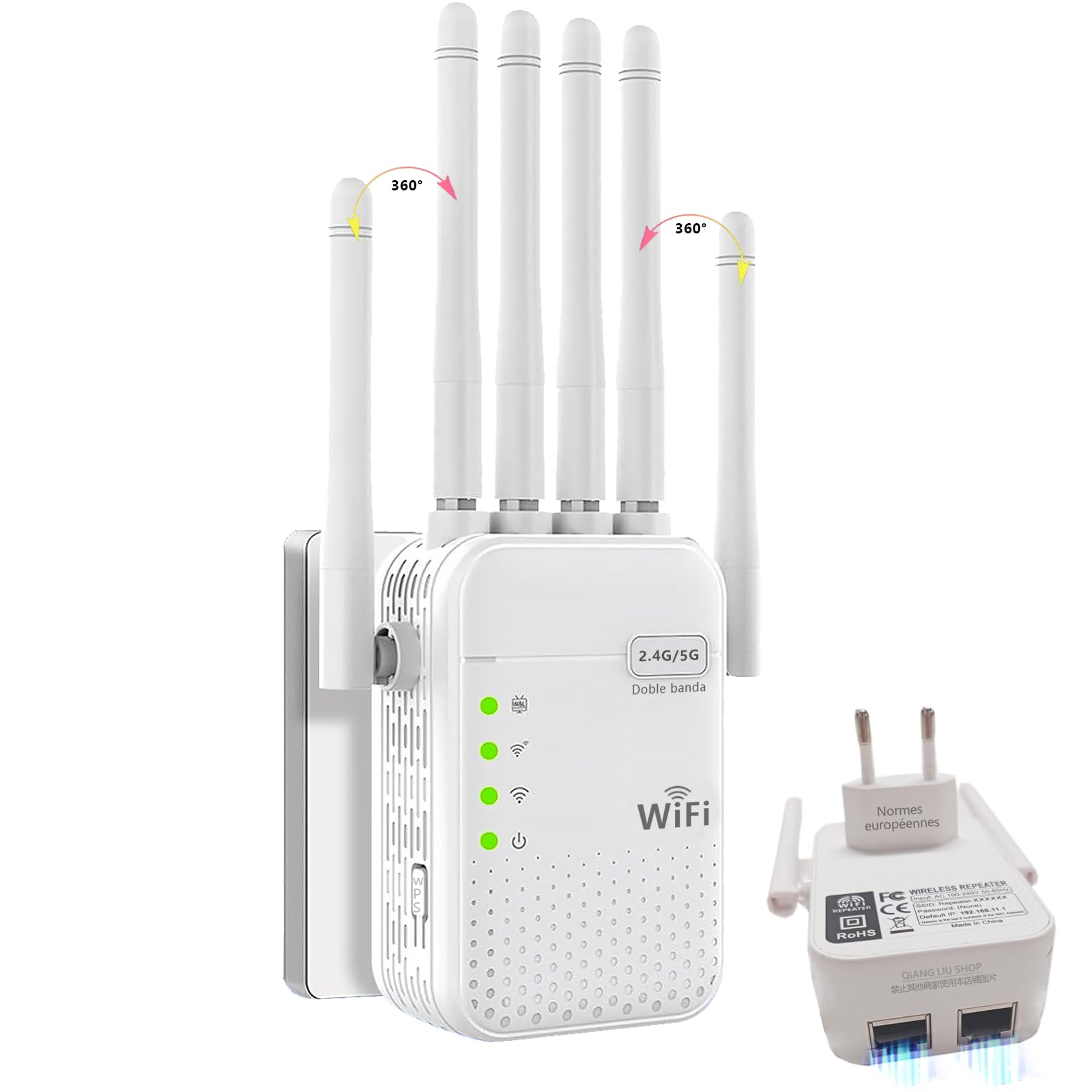Répéteur D'intérieur WiFi 6 AC1200M(5+2,4) GHz Double Bande, 6 Antennes 2 Ethernet Ports Offrant Une Pénétration du Signal Ultra-puissante à 360° à Travers Les Murs, Bureau Famille