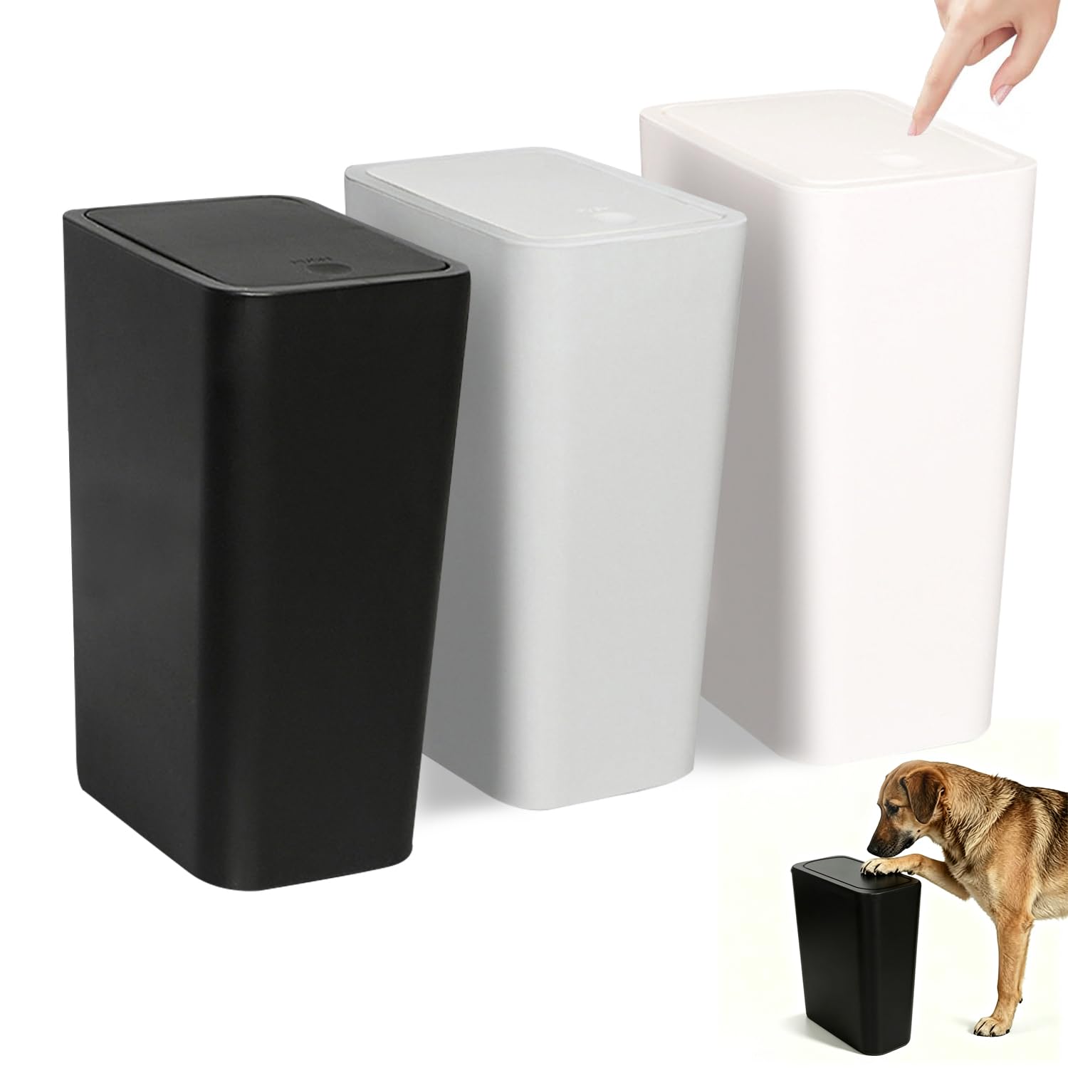 Chiziyixin 3Pack Bathroom Bin, 10L Slim Bedroom Bin with Pop-Up Lid, Dog Proof Narrow Garbage Can, Plastic Toilet Trash Can for Bathroom, Bedroom, Living Room, Kitchen, Toilet, Office (3 Colours)