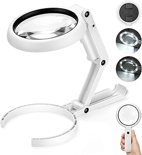 22X 10X Magnifying Glass with Light and Stand, 3.35INCH Large Foldable Handheld Magnifying Glass with Dimmable 8 LED, Hands Free Lighted Desktop Magnifier for Reading, Jewelry, Crafts, Cross Stitch