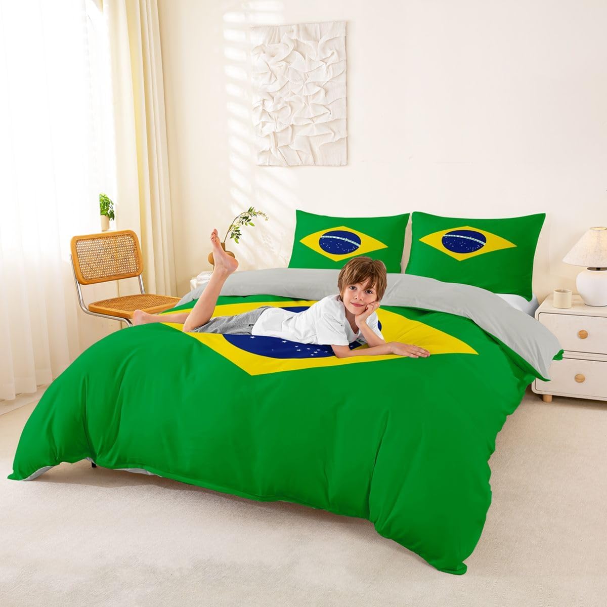 Feelyou Brazil Duvet Cover Full Size Boys Girls Brazilian Flag Bedding Set Breathable Soft World Countries Comforter Cover 3Pcs International Flag Bedroom Decor Soccer Sports Game