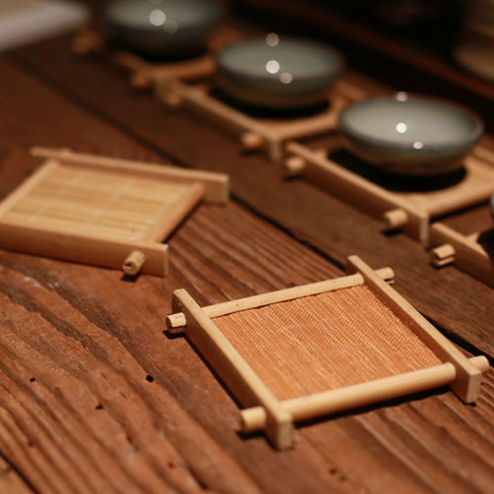 🔥 yazi Bamboo Coasters Teacup Saucers Sets Square Handmade Tea Cup Mat For Kungfu Tea 3.5 Set of 10