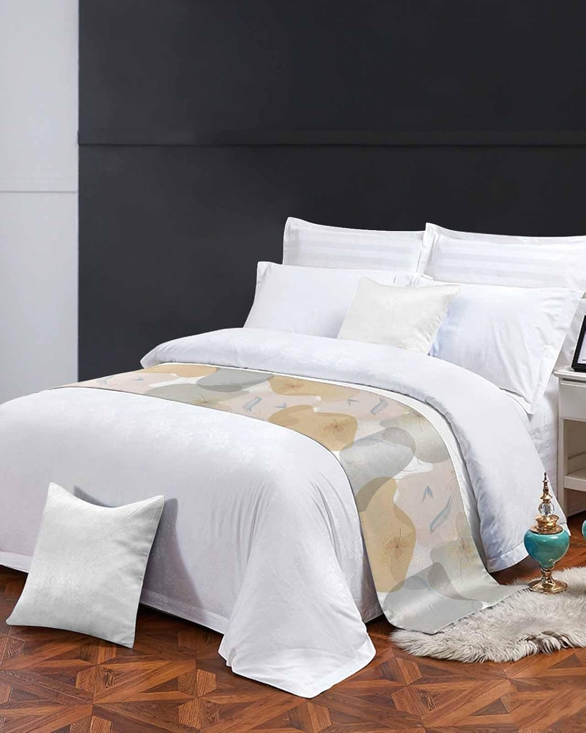 Bed Runner Boho Flower Gold Leaves Sketch Bedroom Bedding Scarves for King Size Bed,Color Block Stripe on White 102x20In Bed Runners Scarf for Hotel Guestroom Wedding Room Decortions