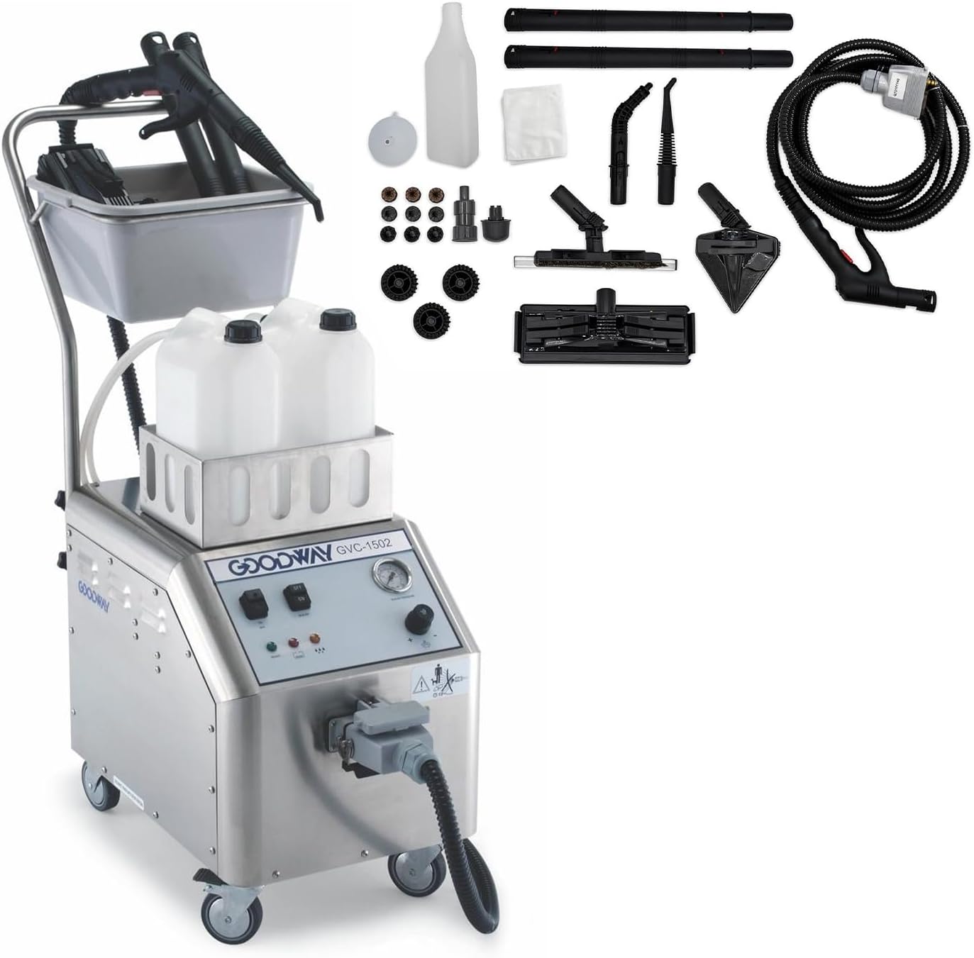 Goodway Commercial Dry Steam Cleaner with Integrated Vacuum, 1500W, 290°F, 0–90 PSI Adjustable Volume, 1.3 Gallon Tank, 15.5' Hose,
