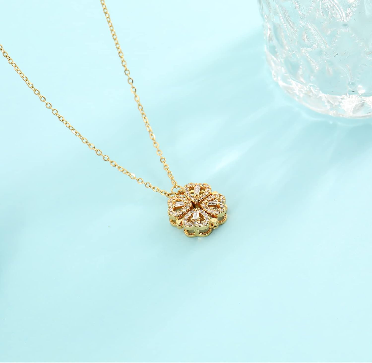 2 in 1 Four Leaf Clover Charm Lucky Necklace Heart Crystal Pendant Necklace Gold Link Valentine's Day Jewelry Gift for Women - Image 6