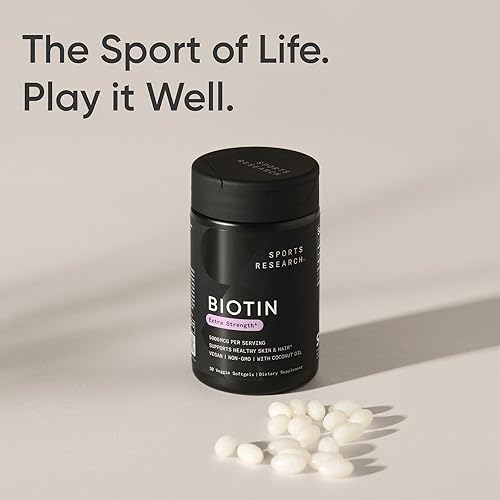 Miniatura 8 de Sports Research Suplemento de biotina vegana extra fuerte (vitamina B) con aceite de coco orgánico, apoya la queratina para un cabello y una piel