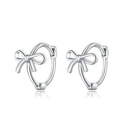 Reffeer Solid 925 Sterling Silver Bow Huggie Earrings Hoops for Women Girls Small Bowknot Hoop Earrings Cartilage - A-silver