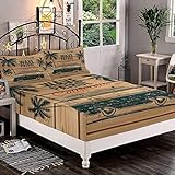 Decorative Bedding Sheet Set Twin XL Size, Surf Deep Pockets Fitted Sheet & 2 Pillow Sham Set, Vintage Minivan with Tropical Trees on Wooden Planks Print Microfiber 3pc Bed Sheets Set