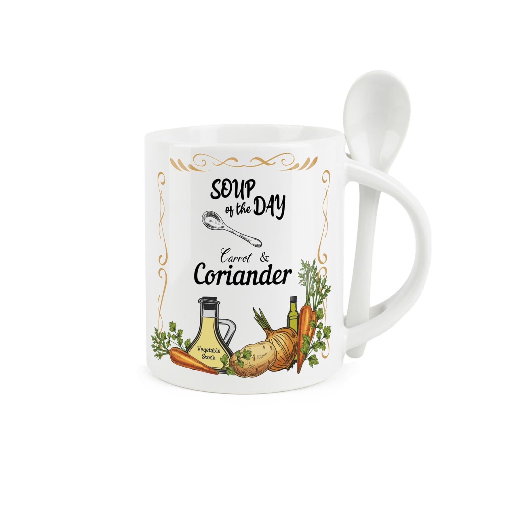 Purely HomeSoup Mug and Spoon Set - Carrot and Coriander Soup of The Day - Ceramic White Soup Mug with Spoon in Handle