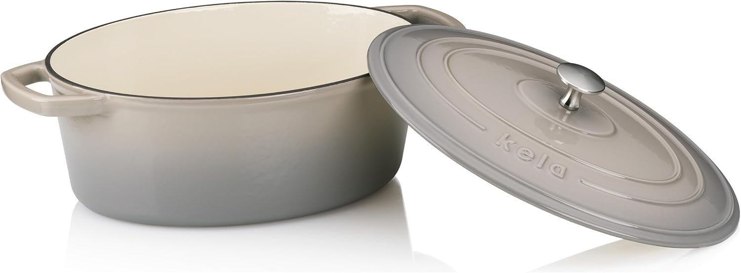 Box contents: 1 x CALIDO oval cast iron roasting dish, light grey, dimensions L 29 cm x W 23 cm x H 11 cm, 4 litres (item no. 12859), material: enamelled cast iron, oven-safe up to 300 °C
