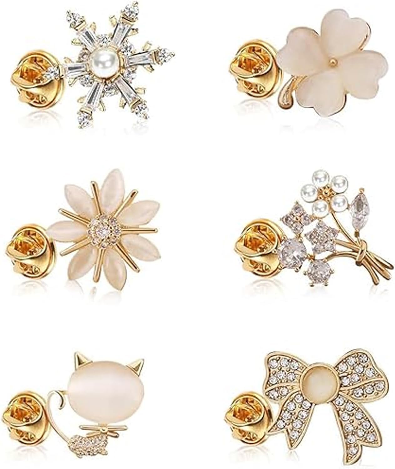 - 6-Pcs Saree Brooch Pin Set for Women & Girls – Pearl & Crystal Opal Four Leaf Clover Safety Brooch Buttons for Shirt, Shawl, Sweater, Hat & Bag Decor