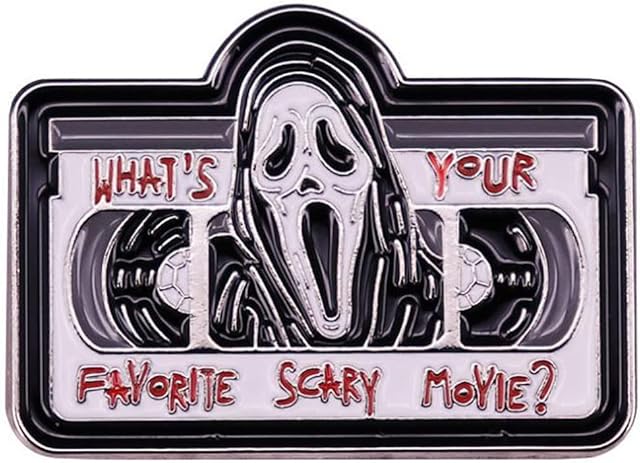 What's Your Favorite Horror Movie Vintage Tape Skull Badge Enamel Brooch Pin Lapel Pins for Halloween Clothes Bags Accessories Women Men Gifts