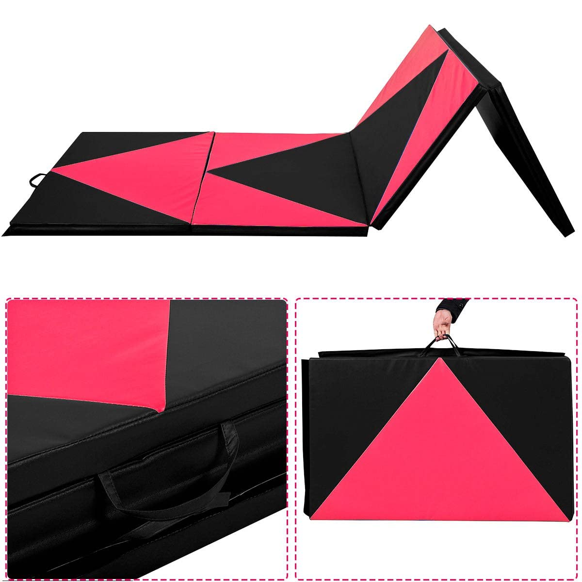 GYMAX Tappetino Pieghevole da Ginnastica, Materassino Fitness a 4 Segmenti, 300x120x5 cm, con Maniglia Portatile, Impermeabile