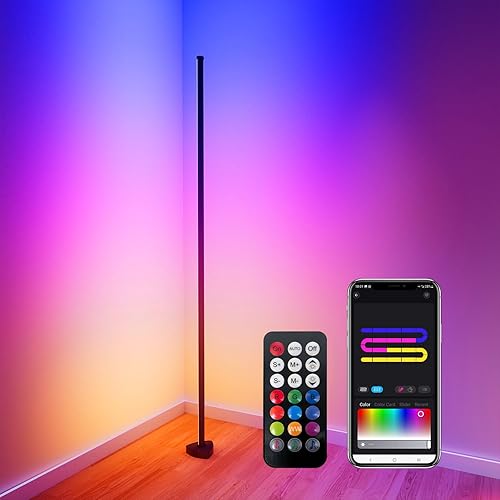 velted Corner Floor Lamp, LED Floor Lamp RGB+ICW Light with Music Sync 56" Smart LED Corner Lamp App and Remote Color Changing Corner Light for Living Room Bedroom Gaming Rooms and Etc.(1 Pack)