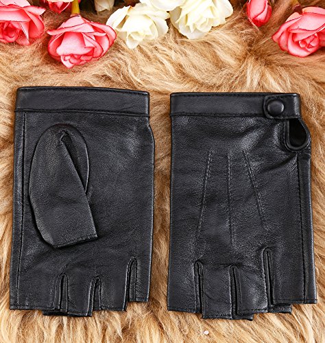 NappaNovum Women's Half Finger Leather With Silk Lining Performance Cycling Driving Gloves (S, Black)