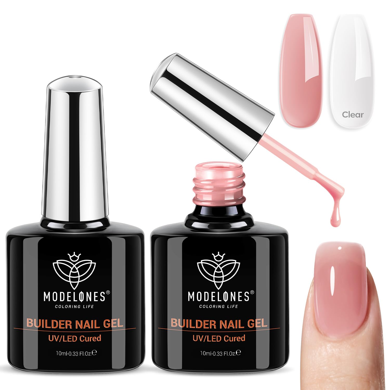 modelones Base Coat Builder Nail Gel, 2 Pcs Clear and Rose Nude Pink | Builder Nail Polish for Thickening Apex Building 8-in-One Rubber Color Base Polish Extend Gel LED Lamp Cured 10 ml DIY Salon Builder Clear Rose