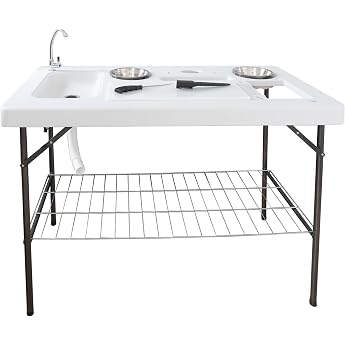 Lemodo Folding Filleting Table with Filleting Board Portable Camping Sink Outdoor Sink with 2 Bowls Mobile Sink to Extend the Outdoor Kitchen Outdoor Sink Ideal for Anglers