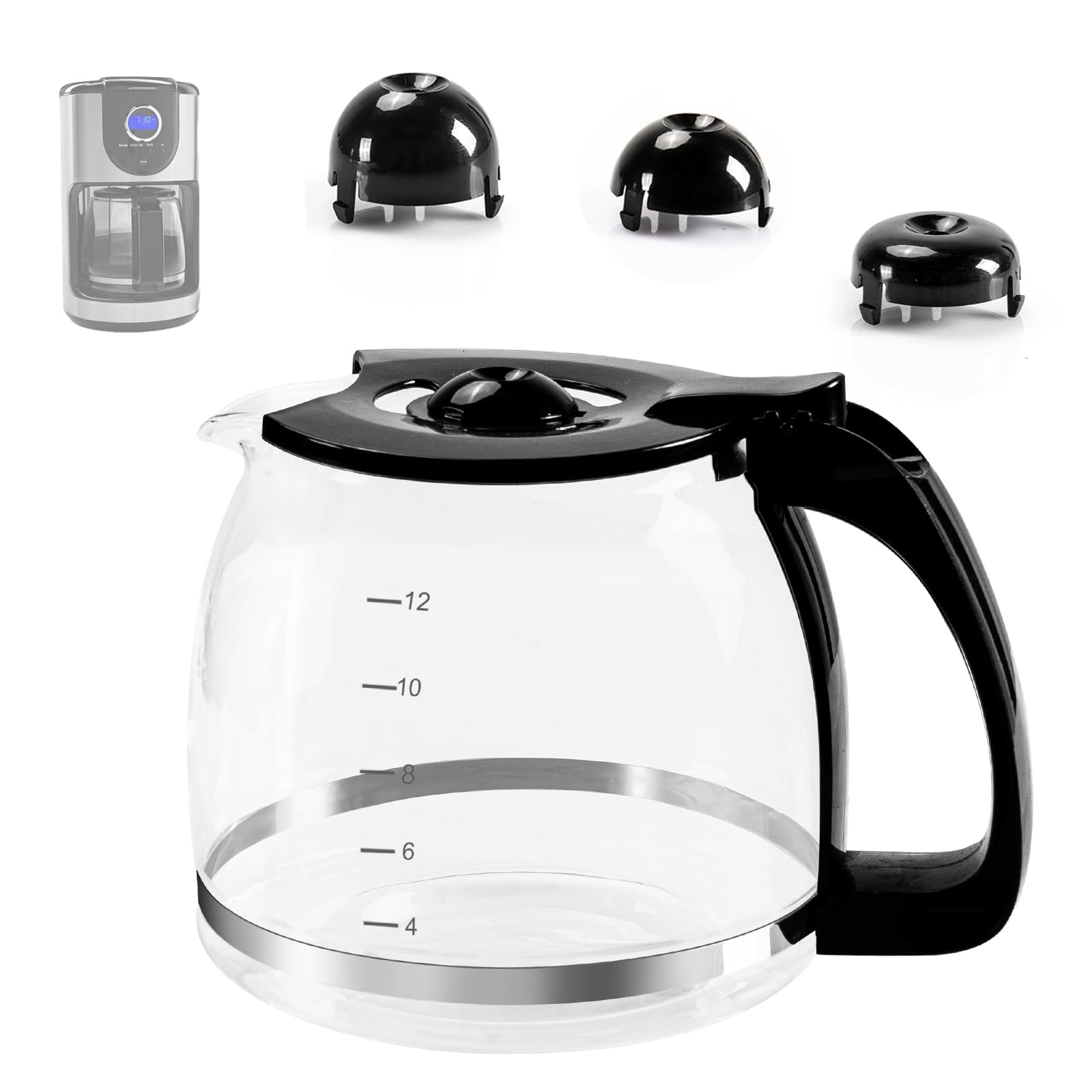 Photo 1 of 12-Cup Glass Coffee Carafe Pot Compatible with Mr. Coffee, Black & Decker, Hamilton Beach & More, 1.8L Universal Replacement Pot with Handle & 3 Snap-On Lids, 4–12 Cup Markings