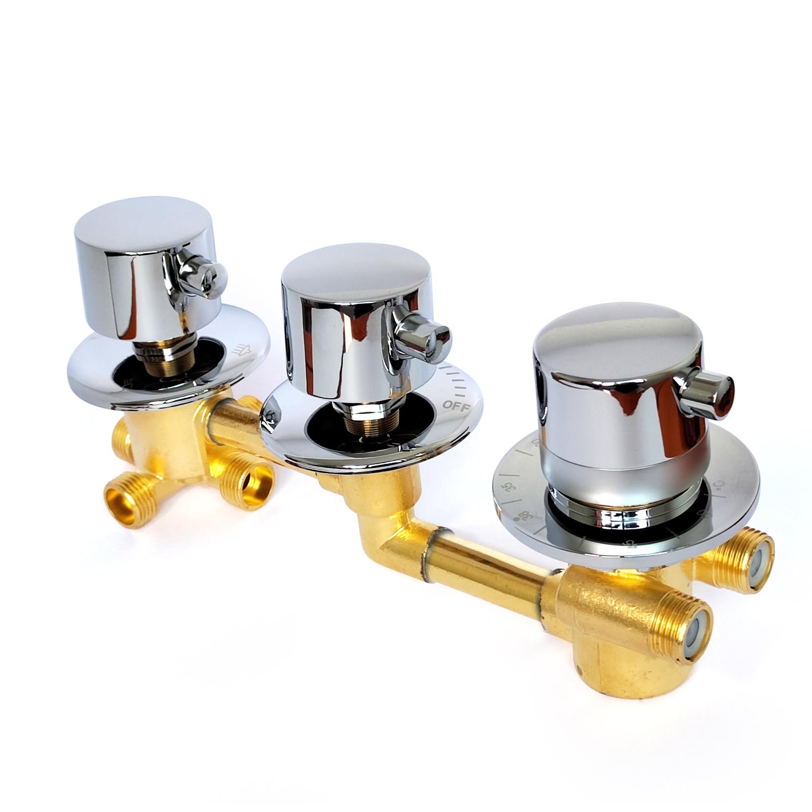 JNTFNE 4 Way Shower Diverter Valve, Brass Multi Functions Thermostatic Mixing Valve Kit 3 Handle Flow Control Mixer Tap, G1/2" Thread, Chrome