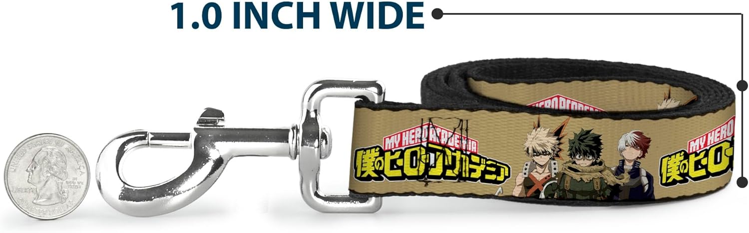 Crunchyroll Pet Leash, Dog Leash, My Hero Academia Character Trio Pose and Title Logo Tan, 6 Feet Long 1.5 Inch Wide