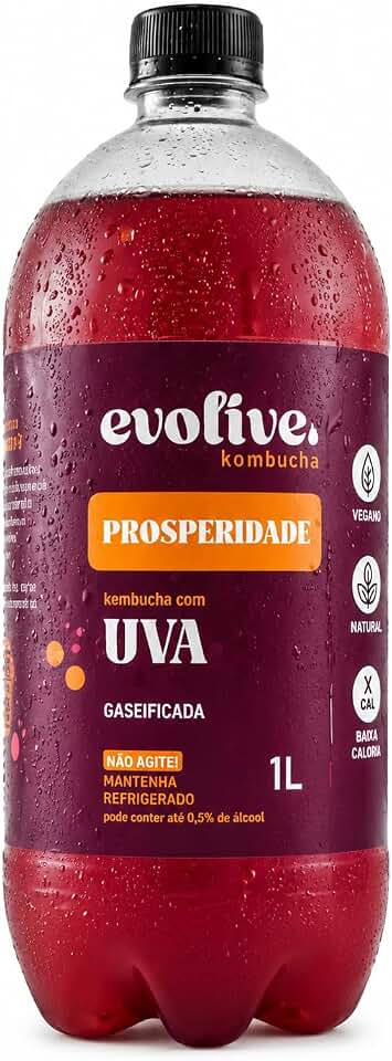 Evolive Kombucha Uva 1 Litro - Bebida Fermentada Naturalmente com Probióticos Vivos, Vegana, sem Glúten, Garrafa PET