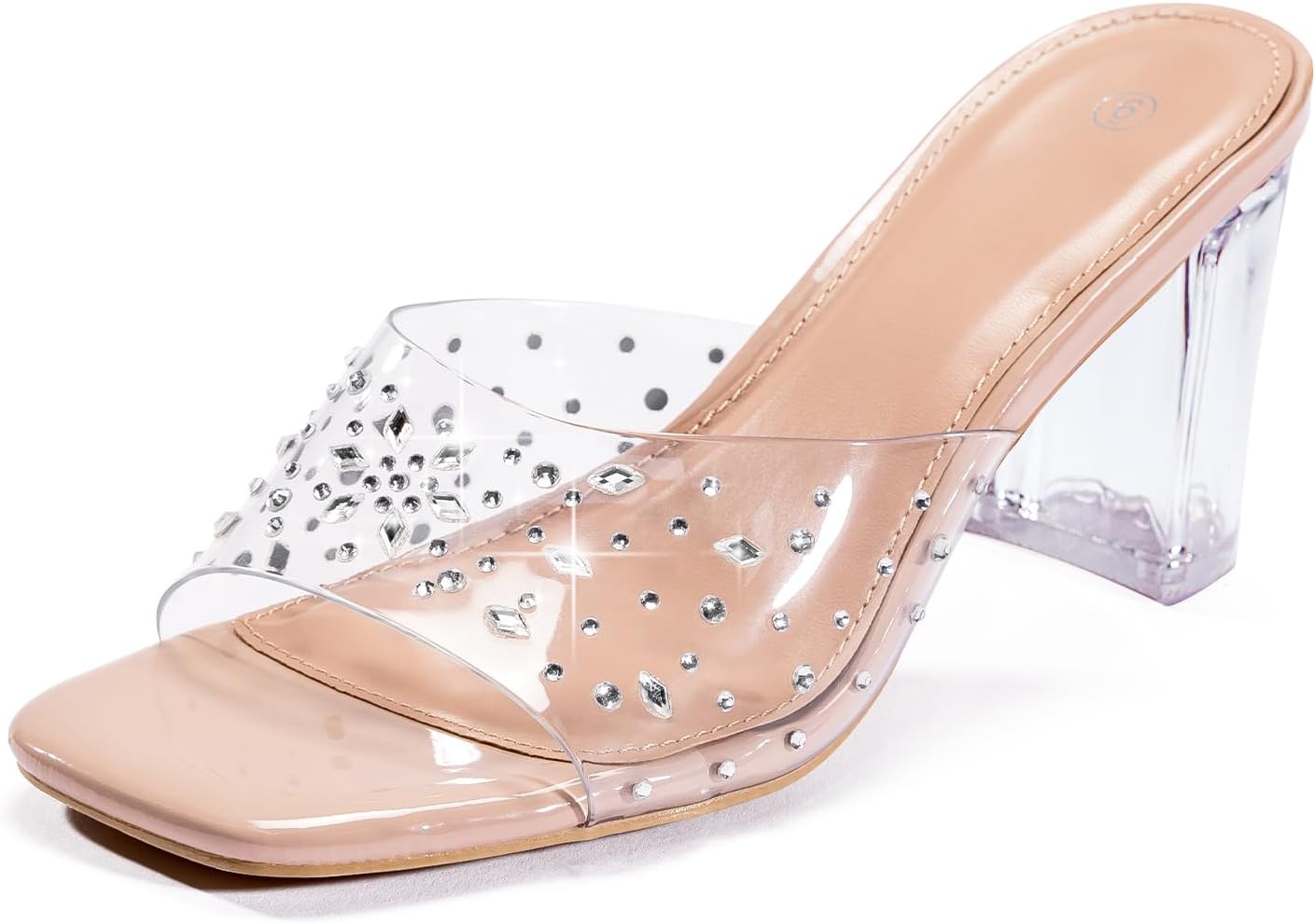 Clear Heels for Women Transparent Two Strap Block Chunky Square Heel Sandals Open Toe Slip On Mules for Women