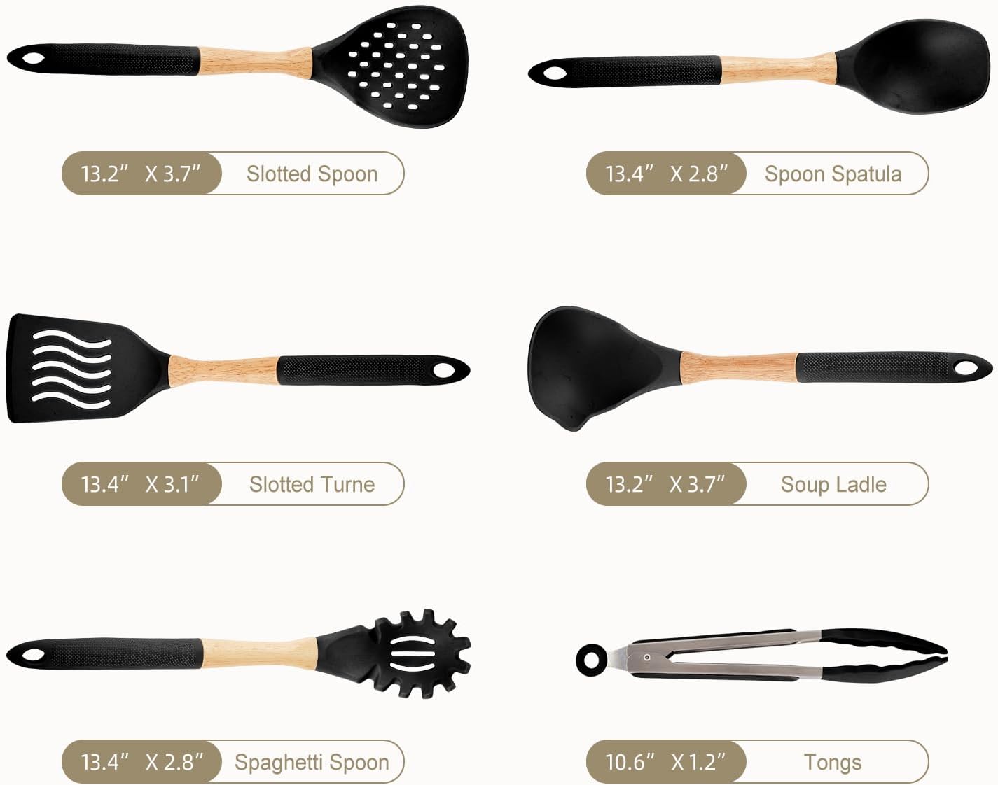 Kitchen Utensils Set - 7 PCS Non-Stick Silicone Cooking Utensils Set Spatula Set with Holder, Wooden Handle Spoon,Tongs,Whisk Kitchen Gadgets Tools Set for Nonstick Cookware (Black-7Max)