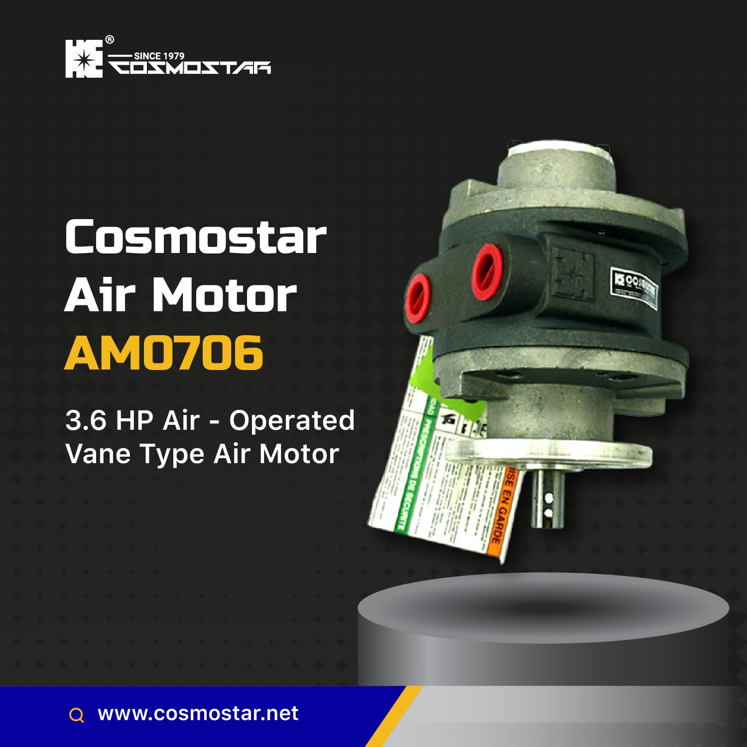 COSMOSTAR AM0706 Moteur à air comprimé 3,6 CV Type glissière durable et polyvalent pour peinture, impression et mélangeurs | Moteur AM6 type à palettes