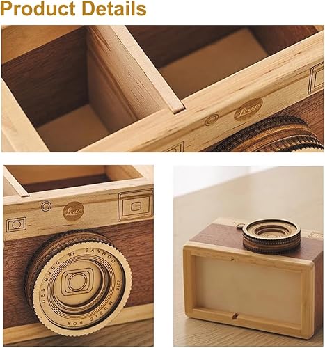 Miniatura 3 de HAOXU 1 soporte creativo de madera único para bolígrafo, soporte de lápiz de papelería de aprendizaje de cámara retro para estudiantes, oficina y