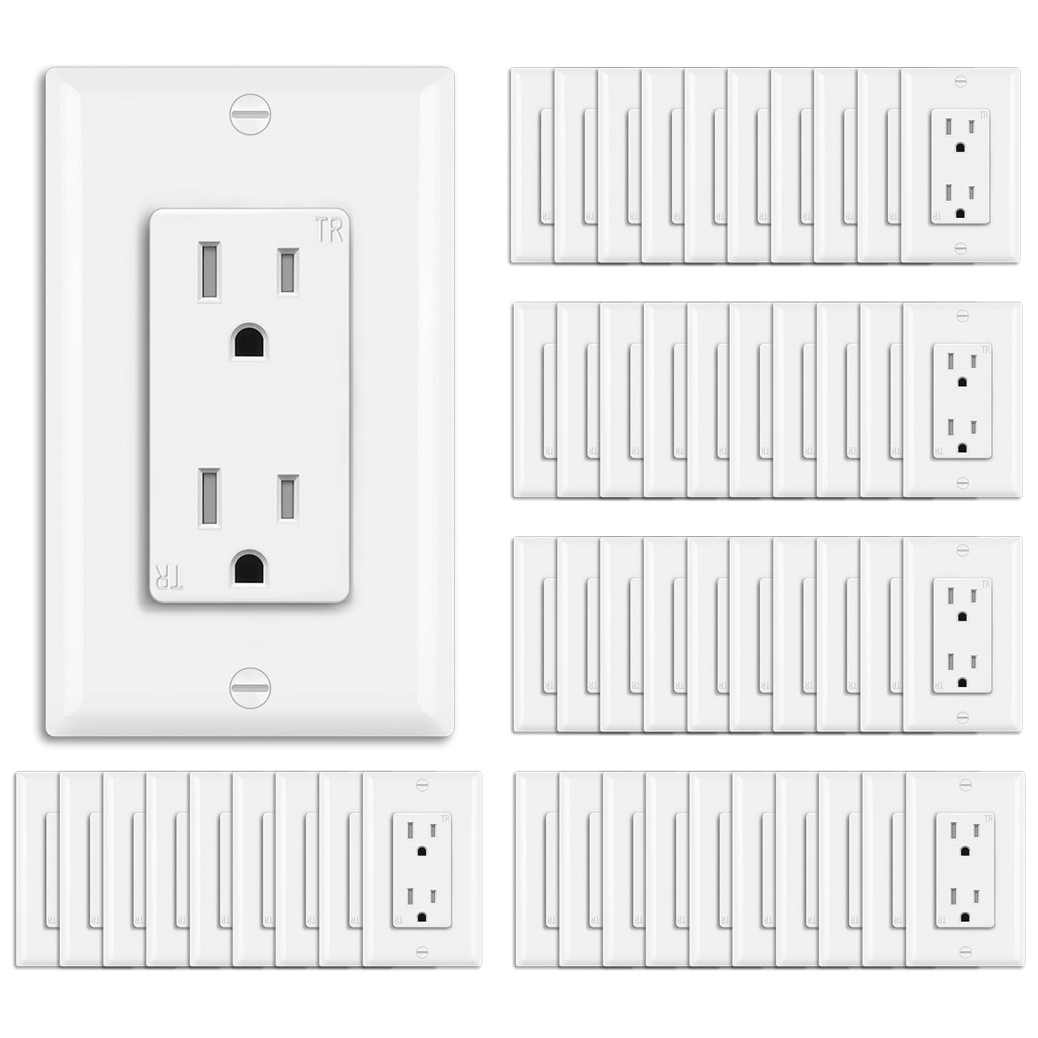 BESTTEN 50 Pack 15 Amp Decorator Receptacle Outlet, Tamper Resistant Receptacle, Residential and Commercial Use, Wallplate Included, 15A/125V/1875W, UL Listed, White