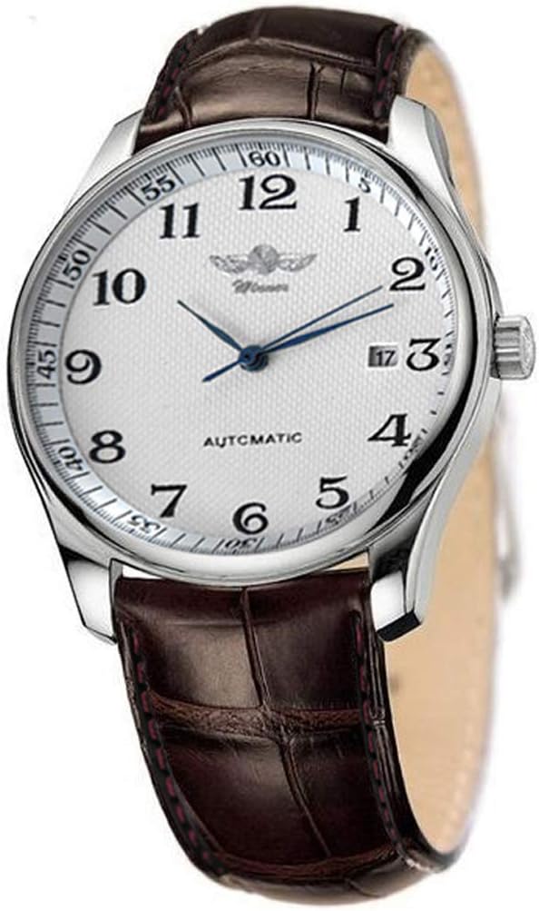 Men's Automatic Mechanical Watch Day Calendar Leather Band Arabic Numerals Wristwatch for Men