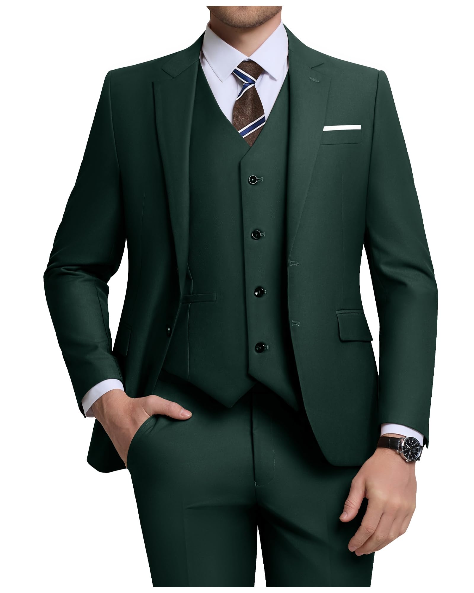 Men's 3 Piece Slim Fit Suit Set, Two Button Blazer Solid Jacket Vest Pants Wedding Business Suit