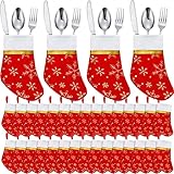 30 Pcs Christmas Dinner Table Decorations Snowflake Stocking Silverware Holder Mini Xmas Socks Plaid Tableware Holder Christmas Spoon Knife Fork Bag for Xmas Dinnerware Decorations (Embroidery Style)