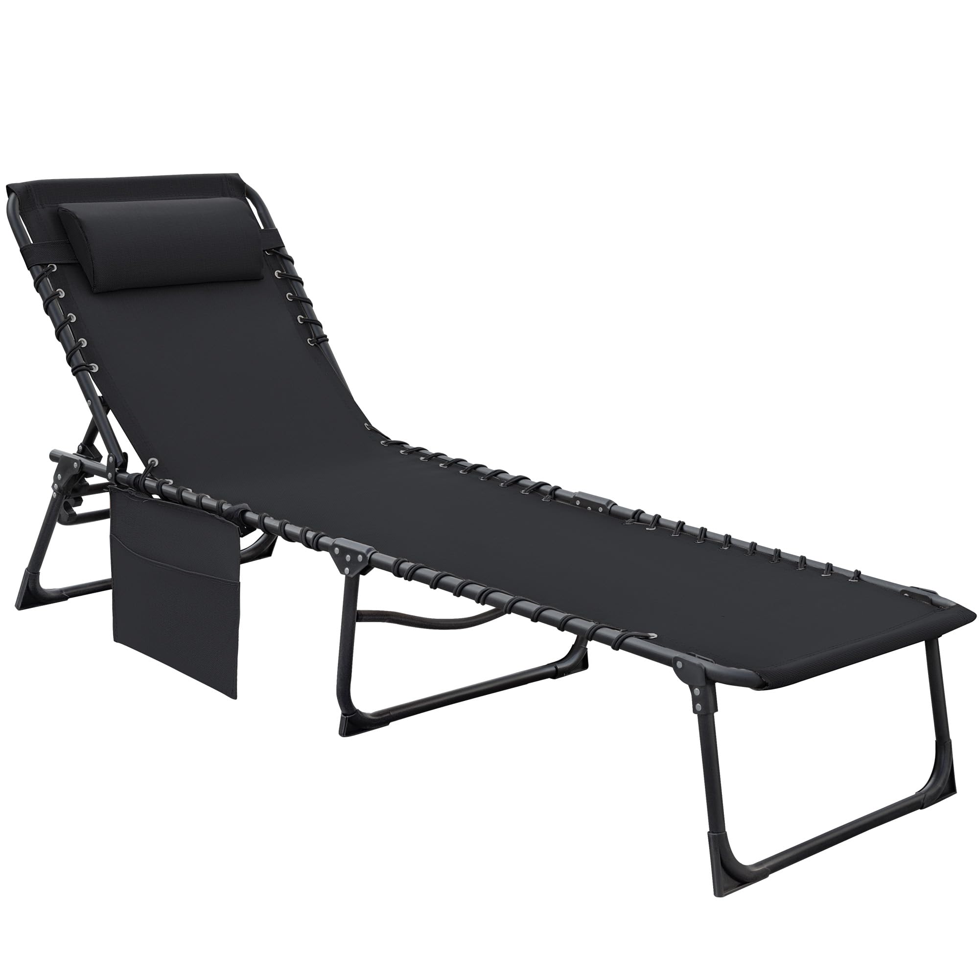 Flamaker Foldable Chaise Lounge Chair 5-Position Adjustable, Tanning Chair with Side Pocket, Outdoor Sunbathing for Pool, Beach, Patio, Lawn, Indoor Recliner Chair for Napping(Black, 1 Pcs)