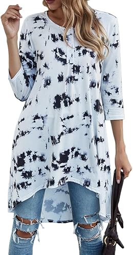 Naggoo - Camiseta de manga 34 para mujer, diseño holgado y largo tipo túnica con cuello en V, botones, dobladillo asimétrico, casual, tallas S a 3XL