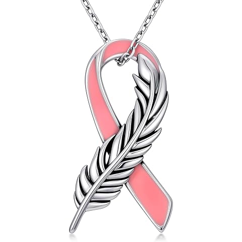 Breast Cancer Necklace Breast Cancer Gifts for Woman 925 Sterling Silver Pink Ribbo...