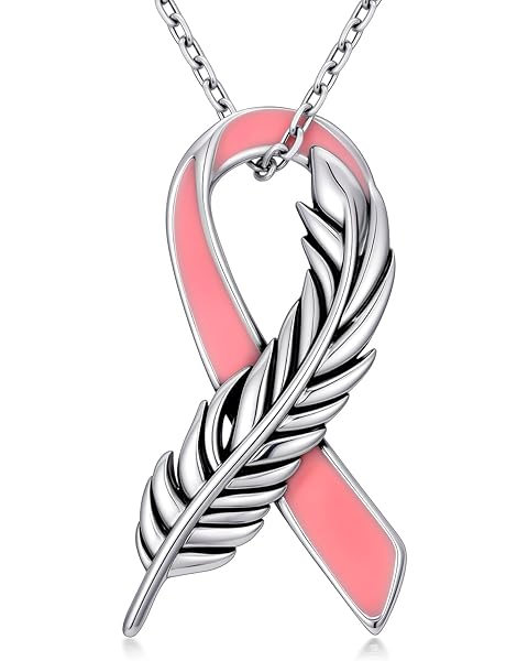 Breast Cancer Necklace Breast Cancer Gifts for Woman 925 Sterling Silver Pink Ribbo...