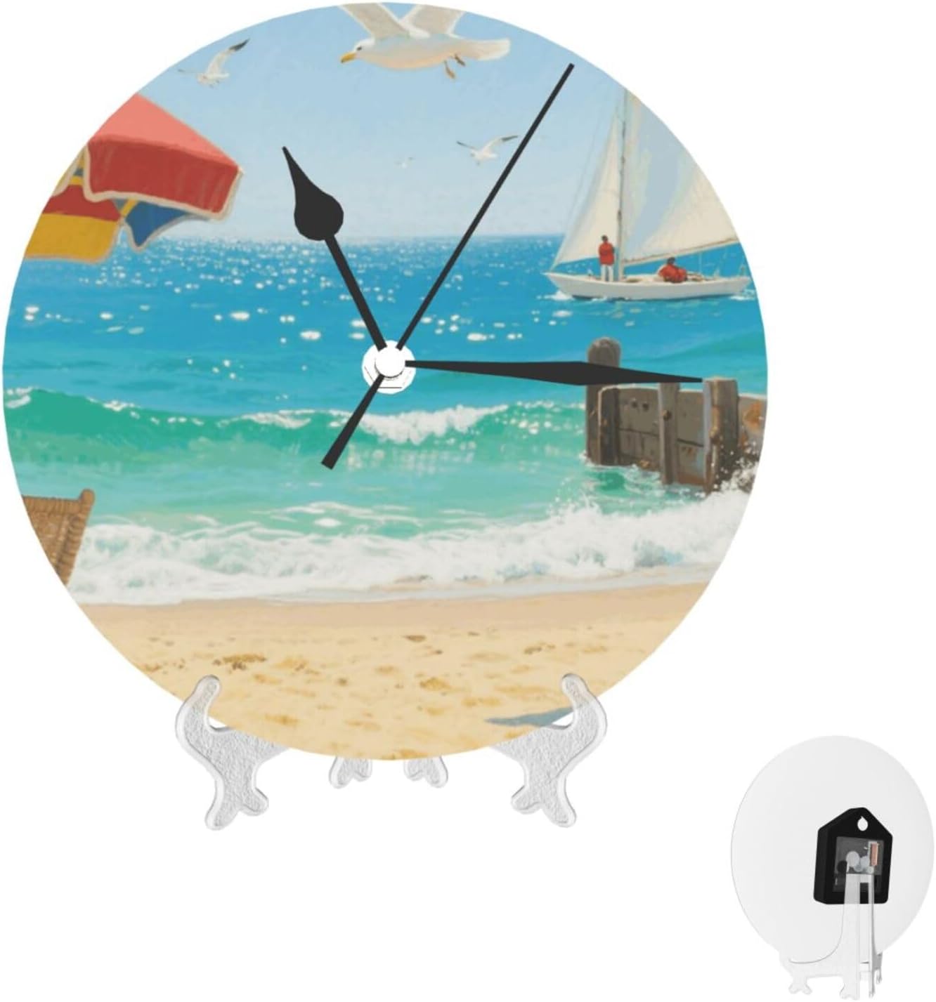 Summer Beach Coastal Wall Clock 10 Inch Battery Operated Silent Non-Ticking Round Classic Wall Clocks Decorative Small Analog Clock for Kitchen, Living Room, Office, Bathroom