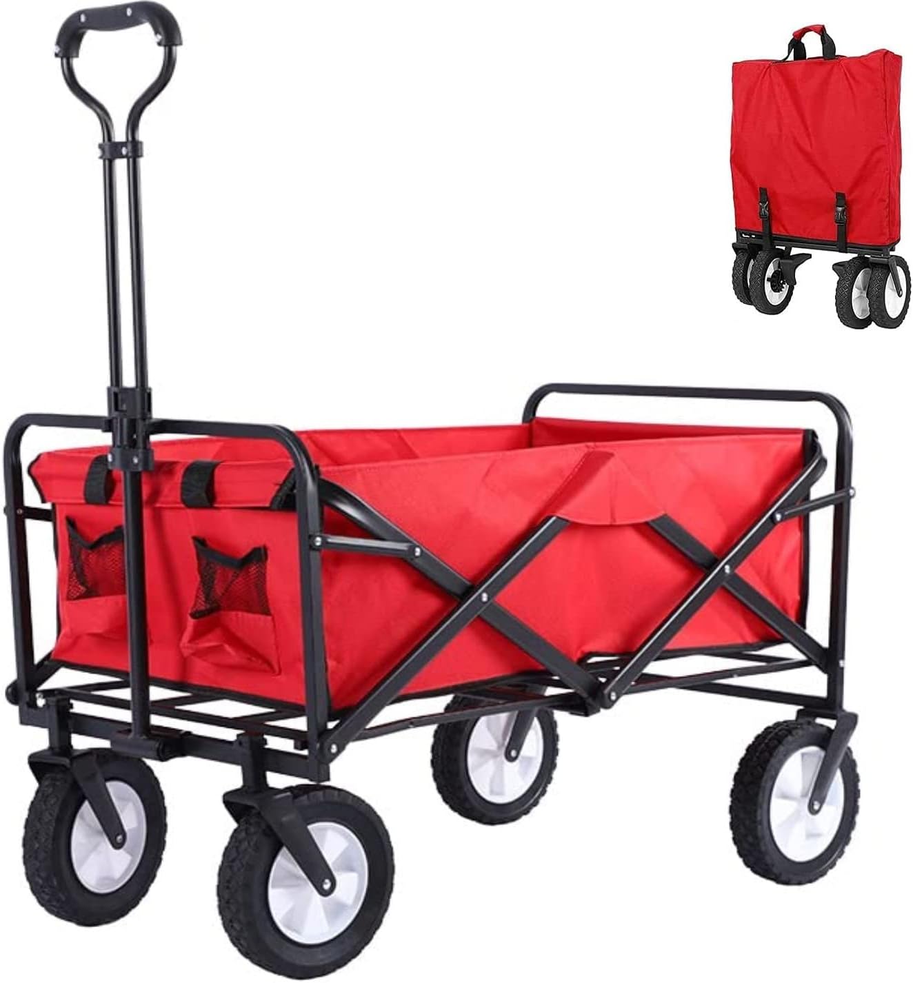 Folding Wagon Cart, Peng General Portable Large Capacity Beach Wagon, with 360 Degree Swivel Wheels & Adjustable Handle Camping For Outdoor, Beach, Garden, Shopping (Red, X-large)