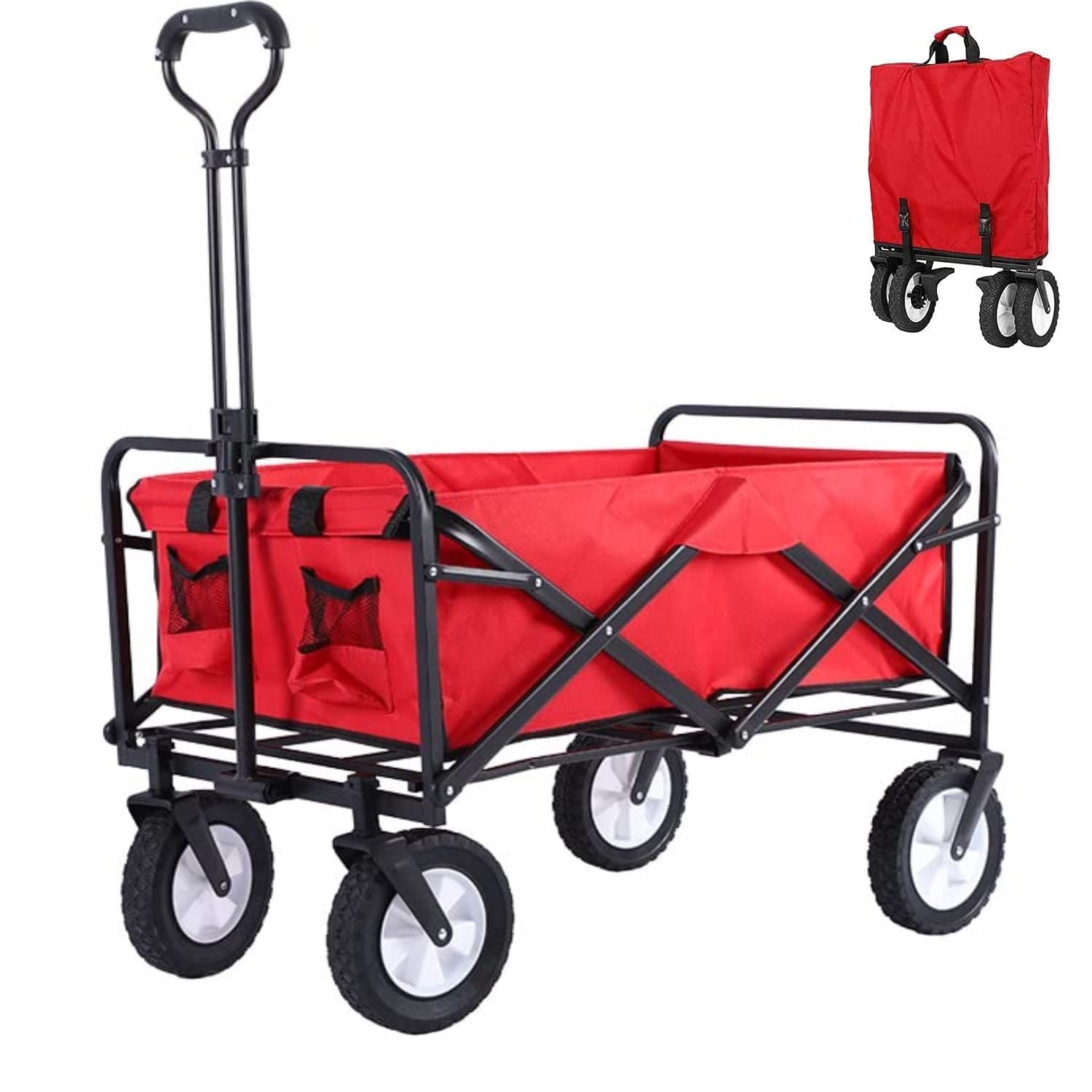 Folding Wagon Cart, Peng General Portable Large Capacity Beach Wagon, with 360 Degree Swivel Wheels & Adjustable Handle Camping For Outdoor, Beach, Garden, Shopping (Red, X-large)